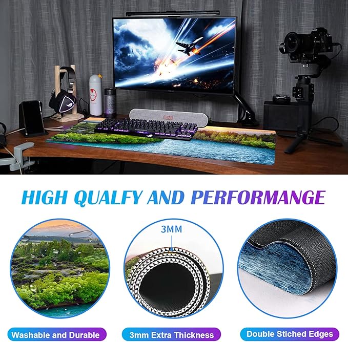Large Extended Gaming Mouse Pad with Stitched Edges Non-Slip Waterproof Rubber Base Mouse Pad for Office Computer Keyboard Laptop and Home Desk Pad 35.4 x 15.7 x 0.12 Inch (Sunset Forest)