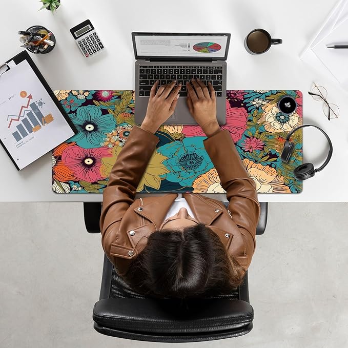 Heated Mouse Pad Hand Warmer Warm Desk Pad Mousepad Desk Mat with 3 Levels Heating and 3 Hours Auto Shut Down 31.5 x 13 inch PU Leather Warmer Keyboard Mat for Gaming Laptop Office Home Art Flower