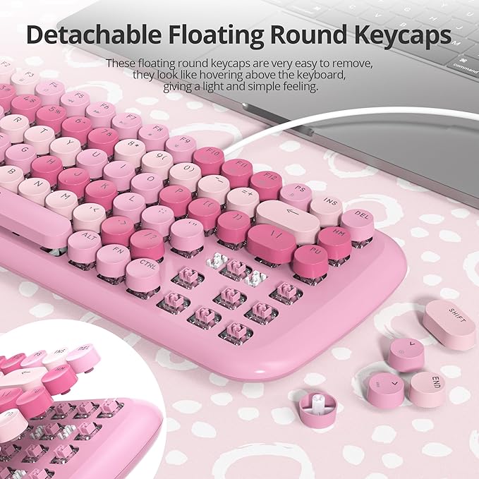 Pink Creamy Mechanical Gaming Keyboard Aesthetic w/White Backlit 84 Keys Cute Retro Typewriter Computer Keyboard Wired Round Keycaps for Windows/PC/PS5