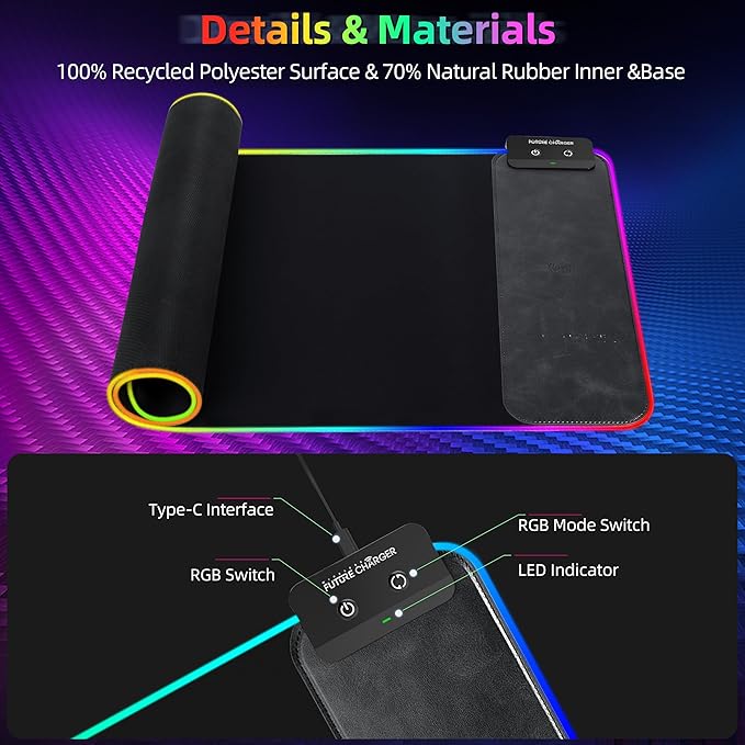 Gaming Mouse Pad Wireless Charging Mouse Pad Gaming 31.5x11.8 Large RGB Desk Mat for Laptop/Computer/Keyboard 9 Light Modes Waterproof Smooth Surface Non-Slip Base Black