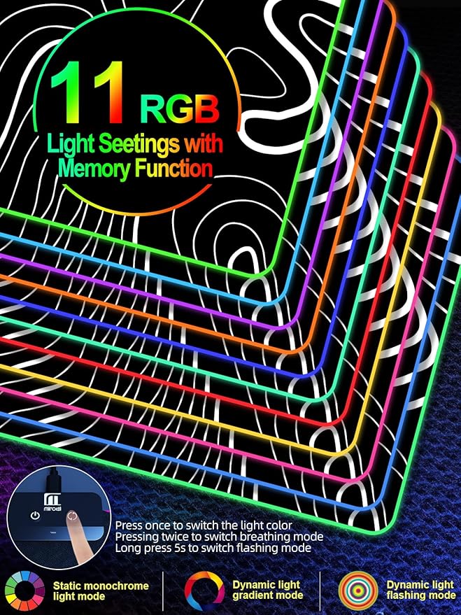 XXL Mouse Pad with Foldable Phone Holder - Black RGB Desk Mat with 15W Fast Charging LED Gaming Mousepad with 11 Light Colors Waterproof Non-Slip Pad (Stand-XXL RGB Topographic)