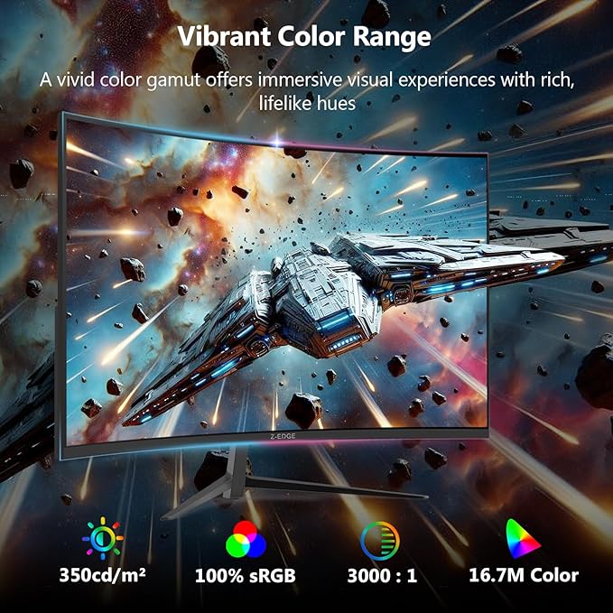 Z-Edge 27 inch Curved Gaming Monitor FHD 1080P 200Hz 165Hz 144Hz Curved 1500R PC Monitor MPRT 1ms FreeSync Low Blue Light 350nits16.7M Colors UG27 Frameless Bezel 1X DP and 1X HDMI