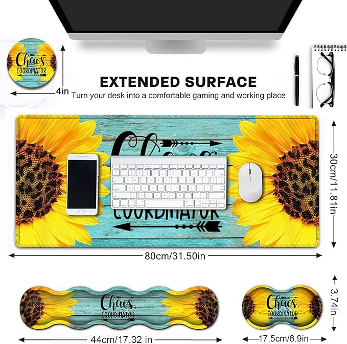 Desk Pad Keyboard Mouse Pad Set Extended Gaming Mouse Pad+ Ergonomics Memory Foam Wrist Rest Support31.5x11.8in Waterproof Large Mouse Pad for Home OfficeChaos Coordinator Sunflower XXL Mouse Mat