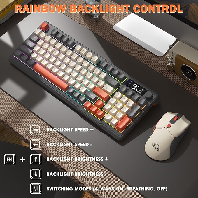 ZIYOU LANG T96 Wireless Gaming Keyboard and Mouse ComboDual Bluetooth//2.4G RGB Backlit Mechanical Feeling Keyboard with Smart Display &amp Knob4000 DPI Gaming Mouse for PC Laptop Mac Wins-Shimmer