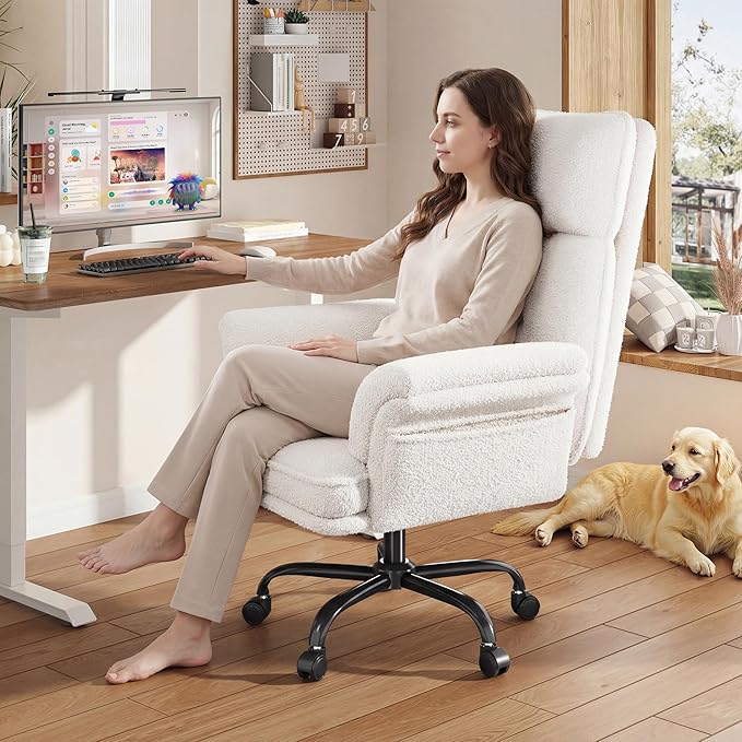 Criss Cross Chair with Armrests &amp Wheels for Cross-Legged SittingErgonomic Computer Gaming Chair with Two Side PocketsTeddy Plush Wide Seat Reclining Desk Chair for HomeOfficeBeige