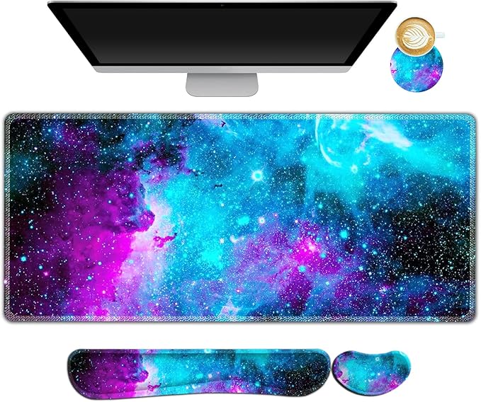 AIMSA Large Gaming Mouse Pad Set Keyboard Wrist Rest Support Mouse Pad Ergonomic Memory Foam Multifunctional Extended Desk Mat 35x15.7in Anti-Slip Rubber Base Galaxy Nebula Universe