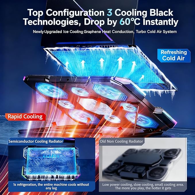 Gaming Laptop Cooling Pad with 10-Color RGB &amp 5-Speed Dual Cooling - Semiconductor &amp Fan Cooling System 7-Height Adjustable Stand for up to 21 Laptops