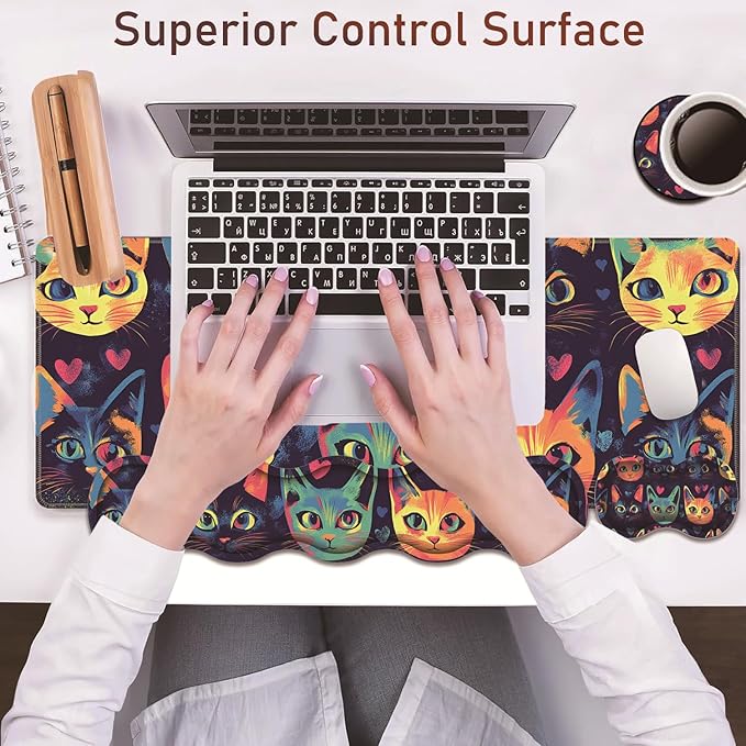 Large Gaming Table Pad 31.5 x 11.8 + Keyboard Wrist Pad + Mouse Wrist Pad + Coaster Non-Slip Base 4-in-1 Set Ergonomic Memory Foam Easy Typing Pain Relief Watercolor Cat Face
