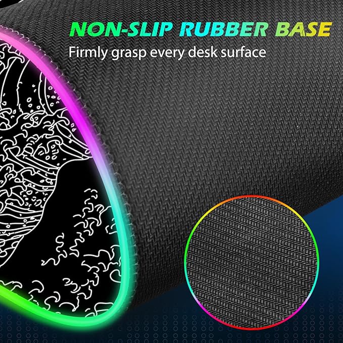 ToLuLu RGB Wireless Charging Gaming Mouse Pad 7.5/10/15W 10 Light Modes LED Mouse Pad Computer Keyboard Mat Mousepad 800x300x4MM Extended Large Desk Pad Mat Japanese Kanagawa Sea Wave Black White