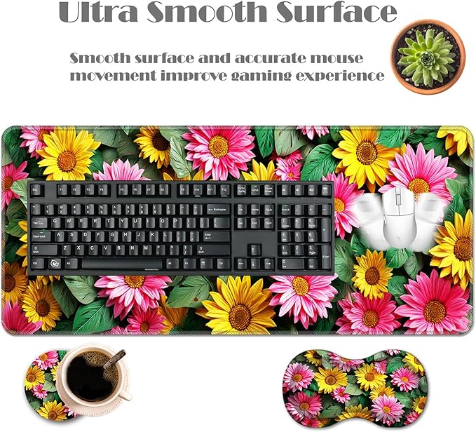 Ergonomic Keyboard Wrist Rest &amp Mouse Pad Wrist Rest SetXL Gaming Desk Mat 31.5x 11.8Non-Slip BaseMemory FoamEasy Typing Pain Relief for Office &amp HomePink and Yellow Sunflowers