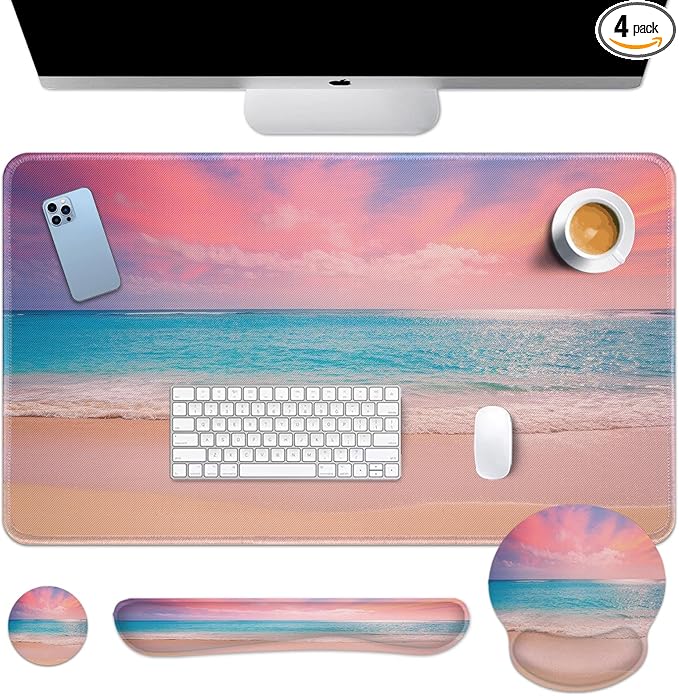 Arttown Pink Blue Sky Desk Mat Turquoise Ocean Mouse Pad Set 4 in 1 Dusk Beach Ergonomic Design Large Desk Pad + Keyboard Wrist Rest + Mouse Wrist Rest + Coaster Suitable for Home Office Study Game