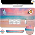 Arttown Pink Blue Sky Desk Mat Turquoise Ocean Mouse Pad Set 4 in 1 Dusk Beach Ergonomic Design Large Desk Pad + Keyboard Wrist Rest + Mouse Wrist Rest + Coaster Suitable for Home Office Study Game