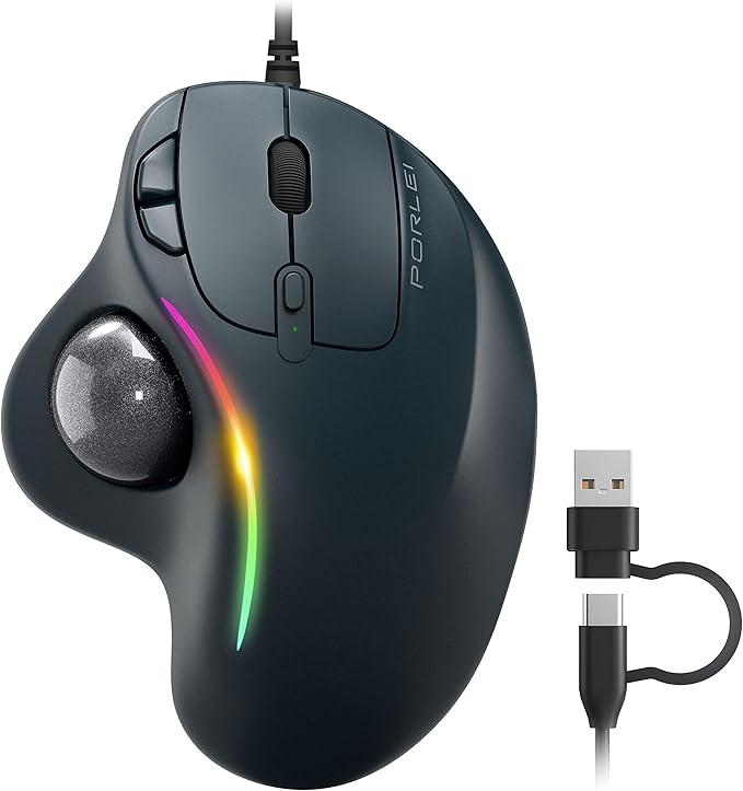 Wired Trackball Mouse with RGB Lighting Ergonomic Thumb Control to Reduce Muscle Strain 5 Adjustable DPI Dual USB-C &amp USB-A Connectivity Compatible with PC Laptop Mac Windows-Black