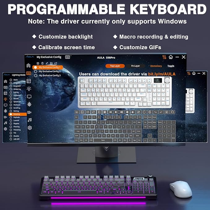 AULA S98 Pro Wireless Mechanical Keyboard with Screen &amp Knob2.4GHz/USB-C/BT5.0 Hot Swappable Creamy KeyboardPre-lubed Linear SwitchesSide Printed PBT KeycapsRGB Backlit Gaming Keyboards