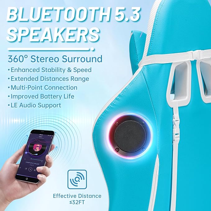 HOFFREE Gaming Chair Massage with Bluetooth Speakers and Led Lights Ergonomic Computer Gaming Chair with Footrest Cute Video Game Chair for Gaming Room Light Blue and White