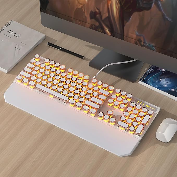 MageGee Typewriter Mechanical Gaming Keyboard Retro Gold Punk Round Keycaps LED Backlit Wired Keyboards for Laptop MAC PC Gamer with Magnetic Wrist Rest - Blue Switch