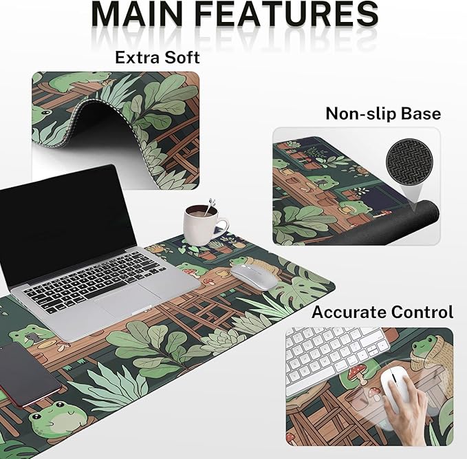 Britimes Cute Frog Summer Keyboard Mouse Pad Set Kawaii Green 4in1 Large Mousepad+Keyboard Wrist Rest+Mouse Wrist Rest+Coaster Ergonomic Design for Home Office Computer 35.4x15.7 inches