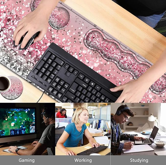Pink Mouse PadKeyboard Mouse Pad SetExtended Gaming Mouse Pad + Memory Foam Keyboard Wrist Rest Support Pink Glitter Office Desk Mat Writing Pad Easy Typing Pain ReliefXXL Large Mousepad Desk Mat