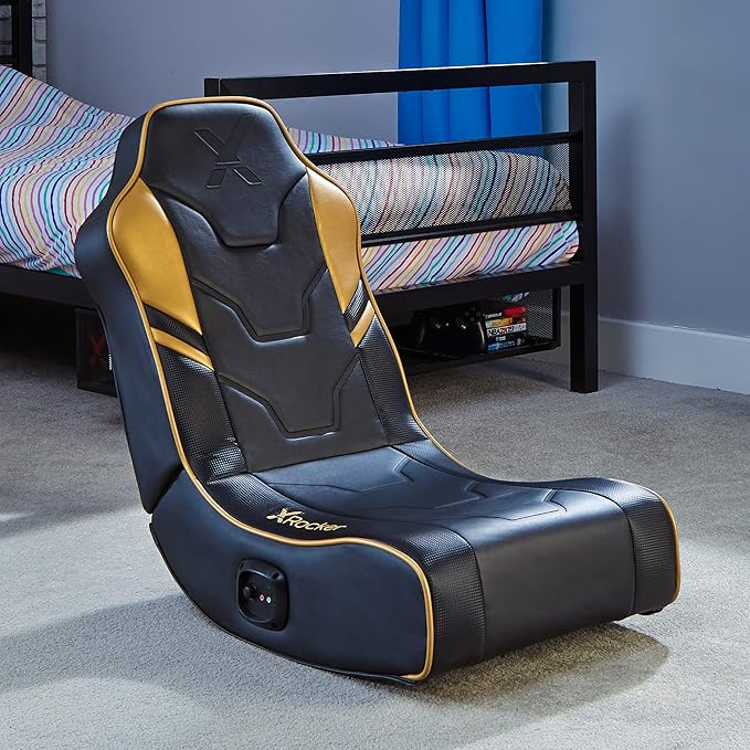 X-Rocker Shadow Gaming Chair for Kids and Juniors 2.0 Audio Floor Rocker Low Folding Rocking Seat with 2 Stereo Sound Speakers Padded Foam Gaming Seat for Children for XBOX PS4 PS5 Switch - BLACK