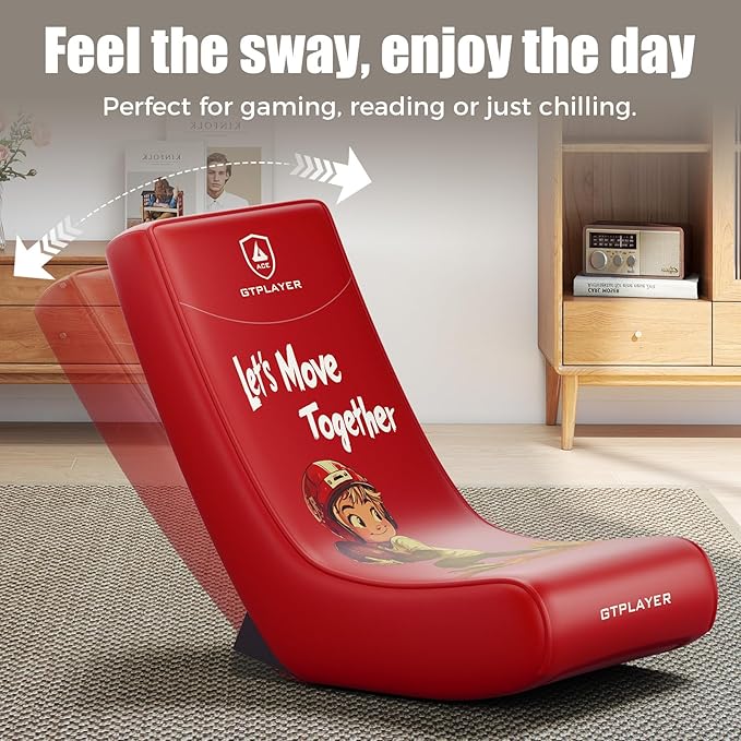GTPLAYER Gaming Floor Rocking Chair – Rocker Floor Game Chair with Angle Limiter Stylish Patterned Design Comfortable Video Game Seat Red Football Pattern