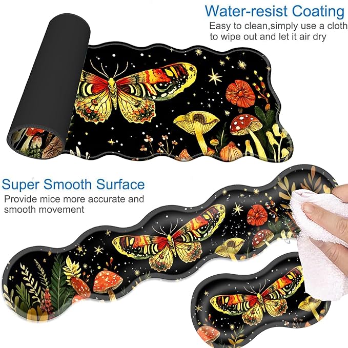 Desk Mat Mouse Pad with Wrist Rest 4-in-1 Large Mouse Pads for Desk Ergonomic Mouse Pad and Keyboard Wrist Rest Gaming Keyboard Mat for OfficeMushrooms and Butterflies