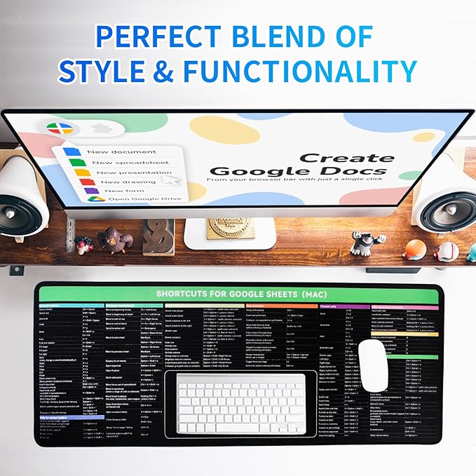 Google Sheet Shortcut Mouse Pad Large Mousepad for Google Excel Spreadsheet Extended Gaming Pad for Desk 31.5”x11.8” Waterproof Anti Slip Keyboard Pad with Google Sheet Shortcuts (Mac)