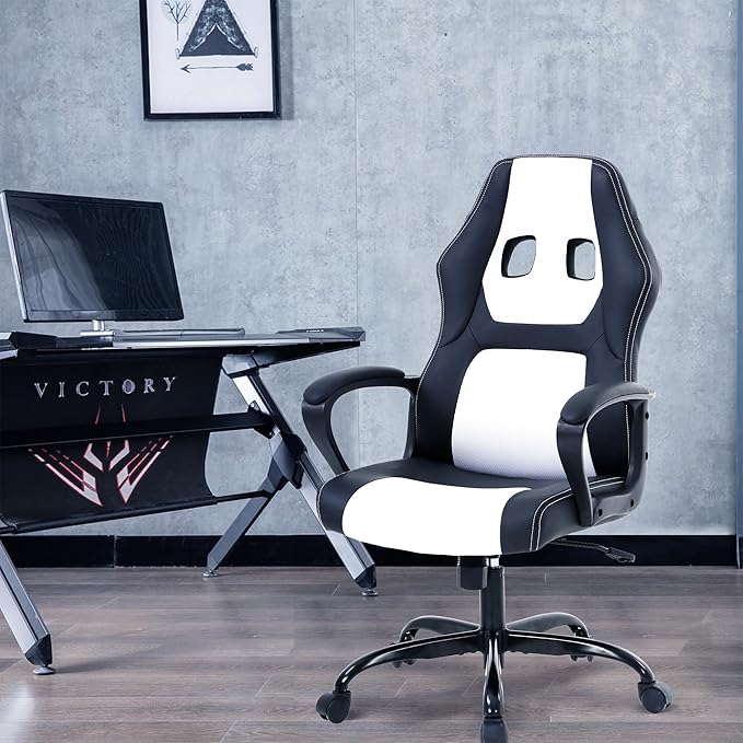 Massage Gaming Chair Gaming Chair with Massager Massage Lumbar Support Gaming Chairs for Adults Office Gaming Chair with 360°Swivel Comfortable Gaming Chair with Height Adjustable White &amp Bl