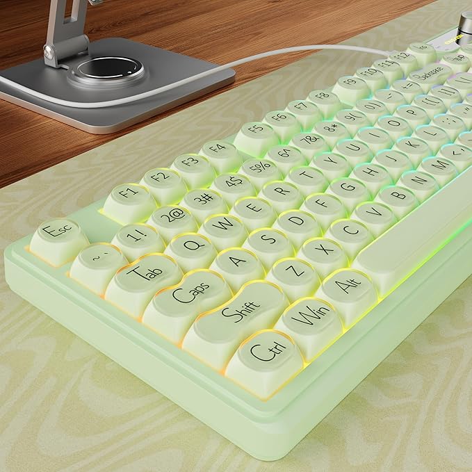 V102 Wired Keyboard 98 Keys Creamy Gaming Keyboard with Display Screen Media Knob RGB Silent Wired Cute Computer Keyboard for Laptop PC Gamer - Green