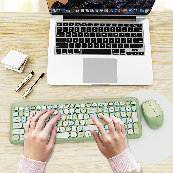 Wireless Keyboard and Mouse Combo Colorful Ergonomic Full Size Retro Low-Noise Keyboard with Cute keycaps Compatible with Windows PC Perfer for Home and Office Keyboards (Green)