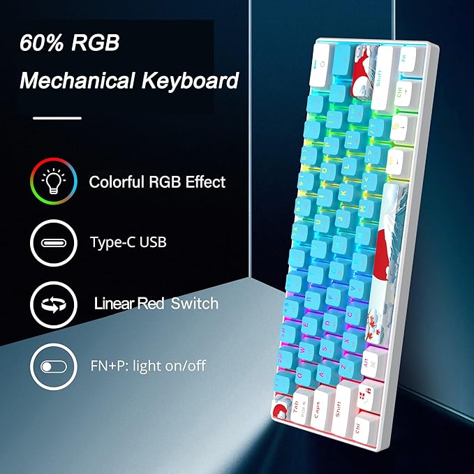 Fogruaden 60 Percent Keyboard Mechanical Gaming Keyboard 60 Percent RGB Backlit Mini Wired 60% Keyboard with Red Switch for Win/Mac PC Laptop (Blue Red Switch)