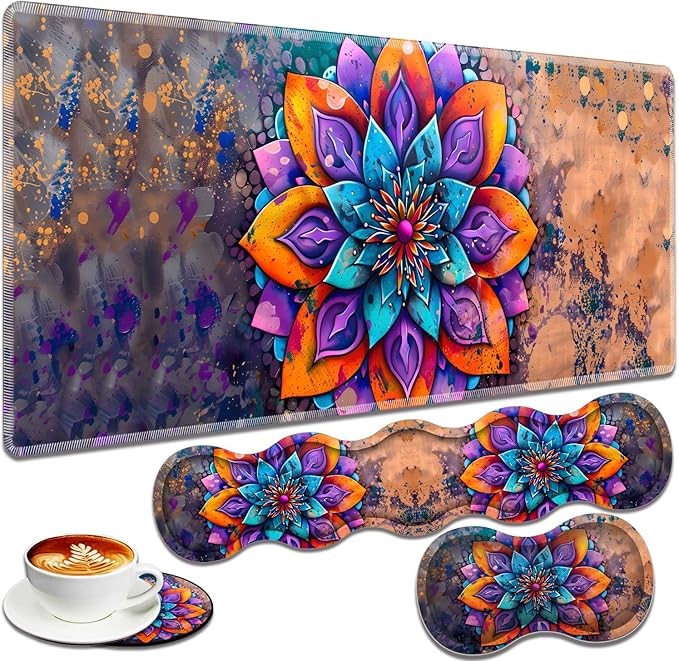 Large Gaming Mouse Pad + Keyboard Wrist Rest + Wrist Support + Coaster Set Memory Foam Ergonomic for Easy Typing XXL Extended Gaming Mouse Pad Table Pad - Mandala Flower
