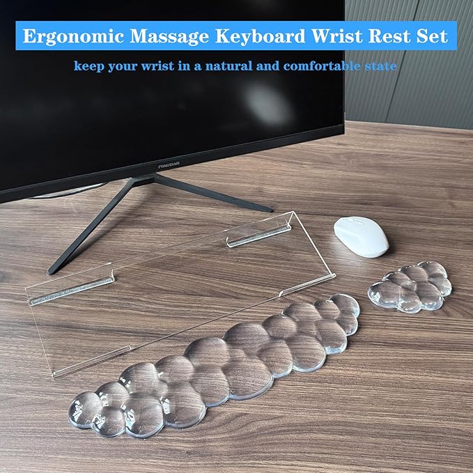 Acrylic Transparent Computer Keyboard Stand with Gel Cloud Keyboard and Mouse Wrist Rest Ergonomic Tilting 3-in-1 Set Relieves Painful Typing for Office/Computer/Laptop/Gaming