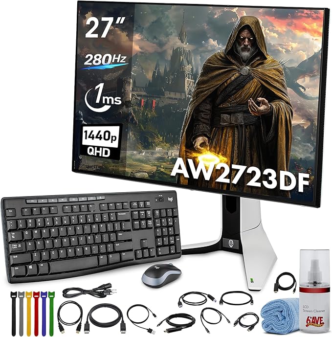 Alienware AW2723DF Gaming Monitor - 27-inch (2560 x 1440) 280Hz Display 1ms Response Time NVIDIA G-Sync Height/Tilt/Swivel/Pivot Adjustability - Lunar Light Bundle with Accessories