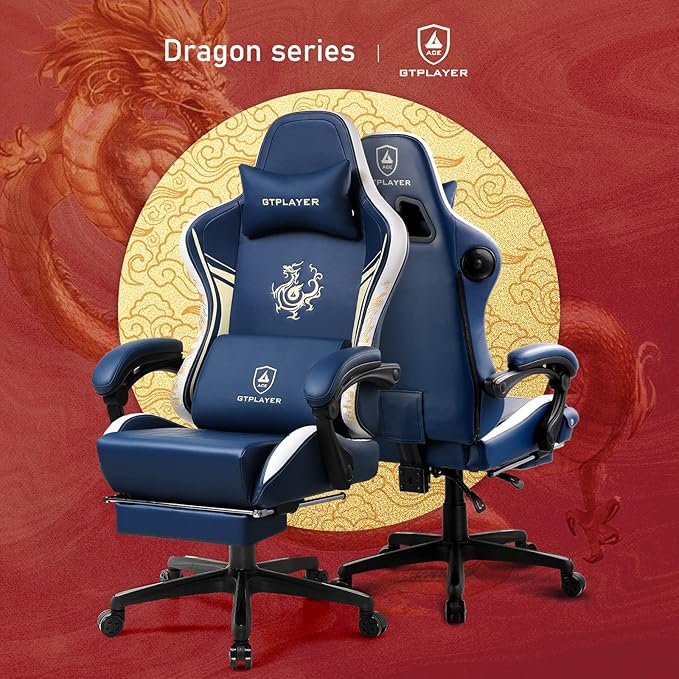 GTPLAYER Gaming Chair with Bluetooth Speakers and Footrest Dragon Series Video Game Chair Heavy Duty Ergonomic Esports Computer Office Chair Blue (Royal Blue)