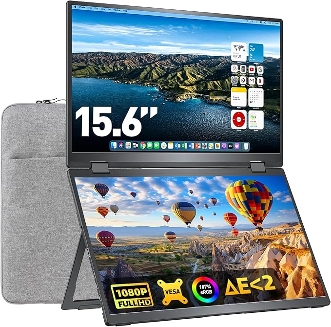 Portable Monitor Foldable Dual Screen 15.6 inch FHD 107% sRGB IPS HDMI USB-C Travel Monitor for Laptop Mac PC Windows DisplayLink Stacked Screen Extender with Kickstand VESA Compatible