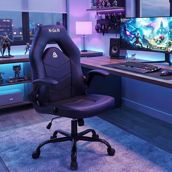 N-GEN Video Gaming Computer Chair Ergonomic Desk Office Chair for Adults with Lumbar Support Flip-Up Arms Adjustable Height Swivel Wheels PU Leather Executive Design for Home and Office (Jet Black)