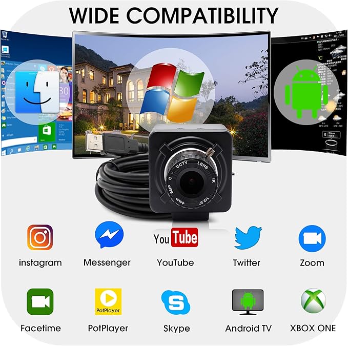 SVPRO 1080P Manual Focus USB Camera 4mm CS Mount Lens High Frame Rate 30fps/60fps/100fps WebcamUSB Plug and Play Computer Camera for WindowsLinuxMac Android