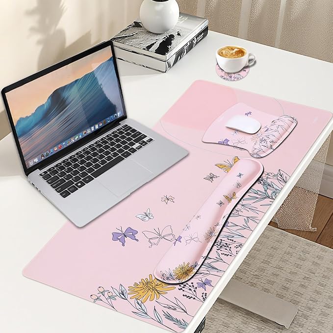 MEGREZ 4-in-1 Ergonomic Memory Foam Wrist Rest Set Desk Pad Mouse Pad with Wrist Rest Keyboard Pad Suitable for Office Workers Programmers &amp Gamers–Relieve Typing &amp Gaming Fatigue Light