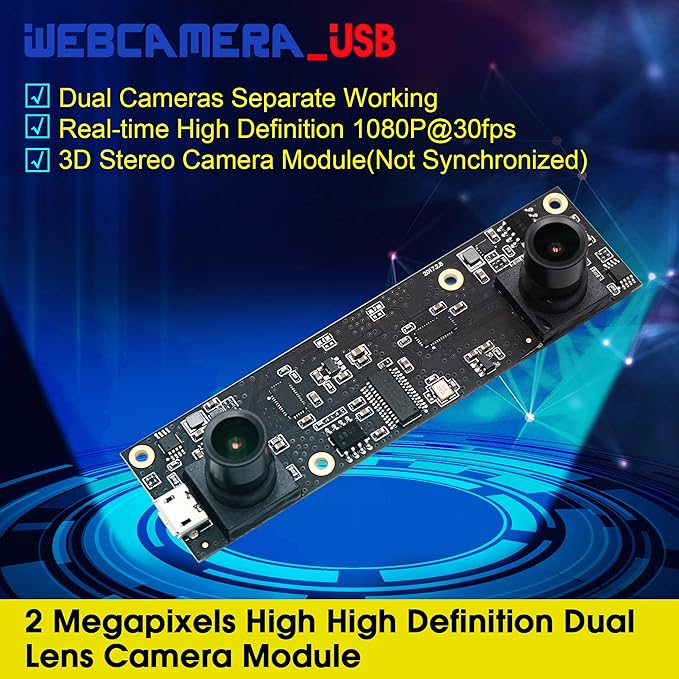 ELP 1080P Dual Lens USB 3D Stereo Webcam Board for Computer and Raspberry Pi - AR0330 Binocular USB2.0 PC Camera Mini UVC USB Security Laser Engraver Laptop Lightburn
