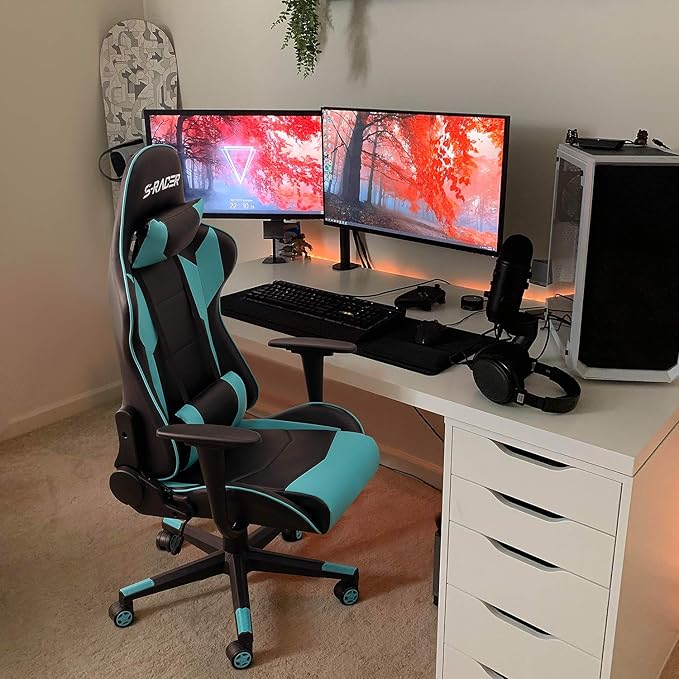 Homall Gaming Chair Office Chair High Back Computer Chair Leather Desk Chair Racing Executive Ergonomic Adjustable Swivel Task Chair with Headrest and Lumbar Support(Cyan)