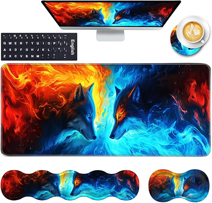 Keyboard Wrist Rest and Mouse Pad with Wrist Support Set Ergonomic CoasterMemory FoamEasy Typing Pain ReliefLarge XL Desk Mat 31.5x 11.8Ice Wolf and Fire Wolf