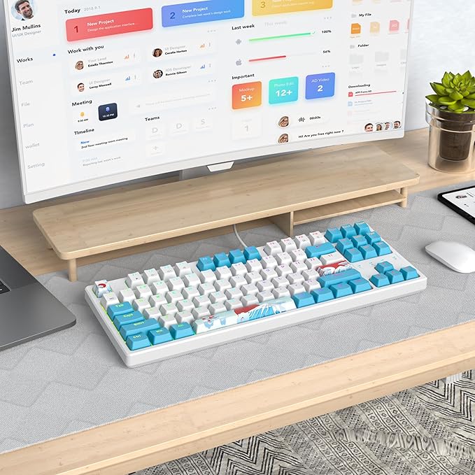 75% Mechanical Gaming Keyboard with Red Switch RGB LED Backlit Keyboard White and Blue 87 Keys Compact TKL Wired Computer Keyboard for Windows Laptop PC Gamer (87 Sea)