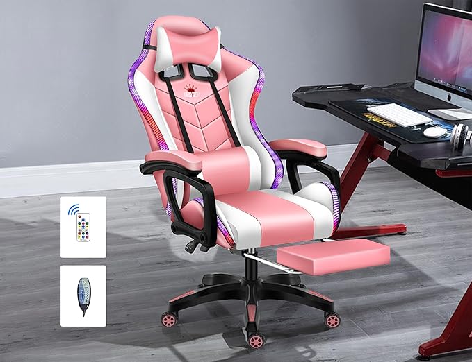 Gaming Chair with LED Lights and Speakers Ergonomic Pro Video Game Chair with Massage and Footrest for Adults Teens and Kids - Perfect for Gaming Office and Working. (Pink+White)