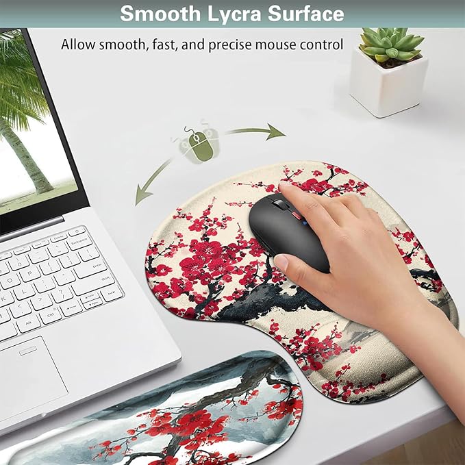 AQQA Japanese Desk Mat Set Large Gaming Mouse Pad with Wrist Rest Ergonomic Mouse Pad Keyboard Mat Wrist SupportPhone HolderCup CoasterHome Office Desk Accessories Decor Supplies Cherry Blossom