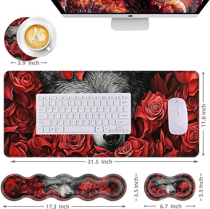 Mouse PadLarge Desk Mat Set 4in1 XL Mousepad + Keyboard Wrist Rest+Mouse Wrist Rest+Coaster with Ergonomic Desk Pad for Home Office Table Computer Cover -Wolf Among Red Roses