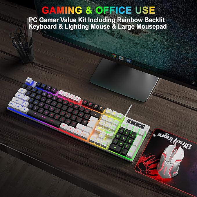 BlueFinger RGB Gaming Keyboard and Backlit Mouse Combo USB Wired LED Gaming Set for Laptop PC Computer Game and Work (White &amp Black)