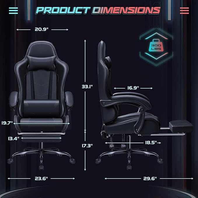 JUMMICO Gaming Chair Ergonomic Computer Chair with Footrest and Massage Lumbar Support Height Adjustable Video Gaming Chair with 360° Swivel Seat and Headrest (Black)