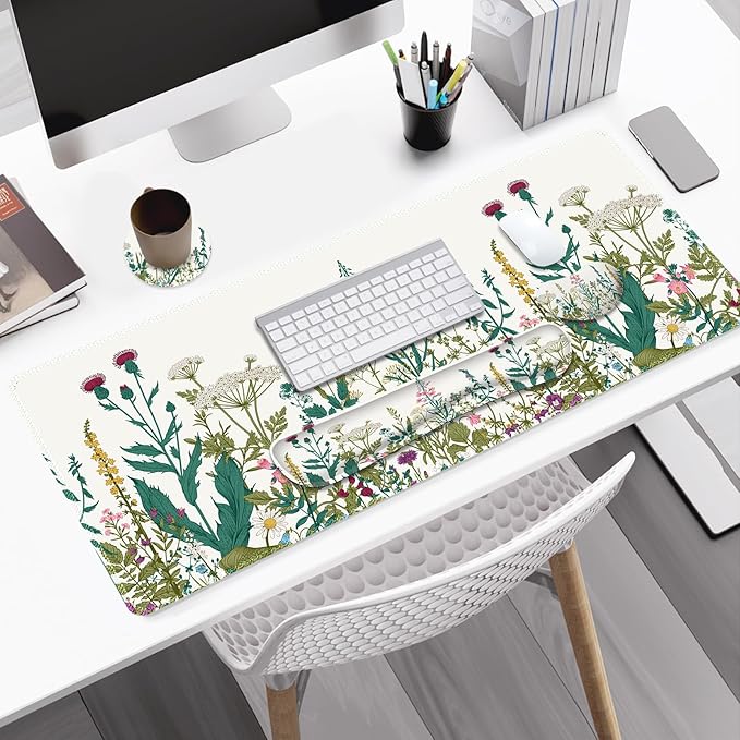 Desk Mat Pad Gaming Mouse Pad Wrist Support Set 4 in1 Non-Slip XXL Large Mousepad + Ergonomic Keyboard Wrist Rest+Mouse Wrist Rest+Coaster for Home Office Computer I Vintage Wildflower Garden