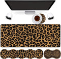 4 in 1 Mouse Pad Combo Large Gaming Mouse Pad + Keyboard Wrist Support + Mouse Wrist Rest + Coaster Table Pad with Stitched Edge Memory Foam Ergonomic Wrist Pad Set Leopard Print