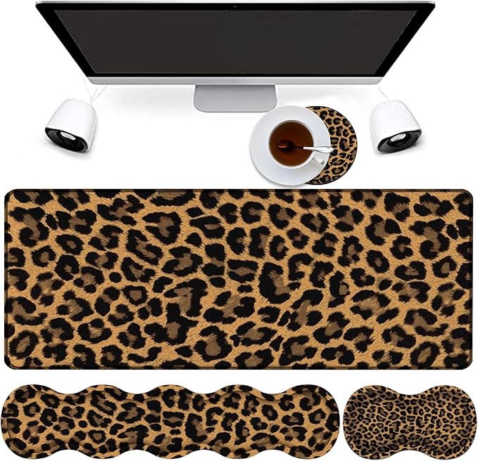 4 in 1 Mouse Pad Combo Large Gaming Mouse Pad + Keyboard Wrist Support + Mouse Wrist Rest + Coaster Table Pad with Stitched Edge Memory Foam Ergonomic Wrist Pad Set Leopard Print